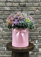 Цветочная композиция из Гипсофила и Розы в шляпной коробке в Муромцево