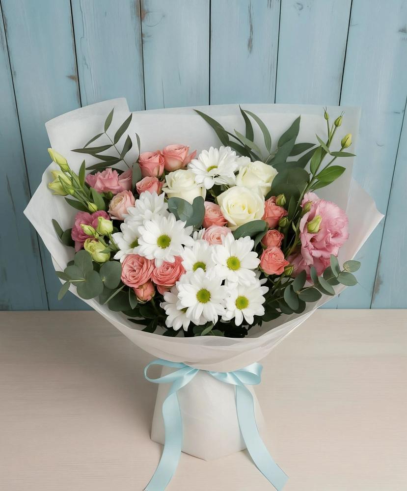 Букет цветов из: Розы, Лизиантусы и Хризантемы в Муромцево