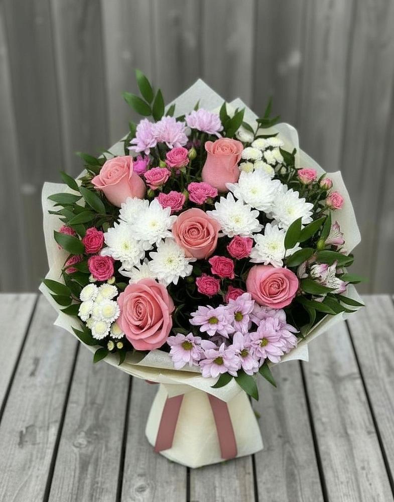 Букет цветов из: Альстромерии, Гвоздики, Розы и Хризантемы в Муромцево